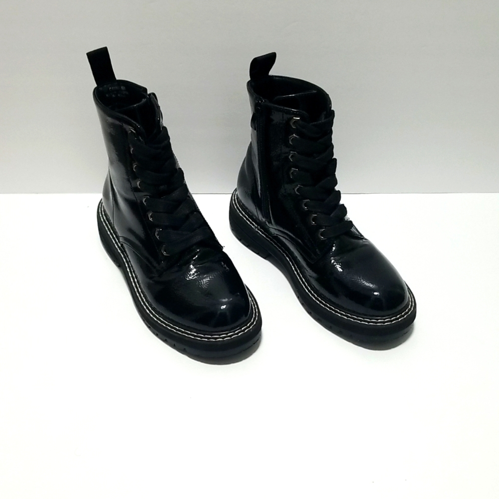 Dunes Cannon Women's Black Combat Boots Size 6 Patent Leather Lace & Zip (NWOT)